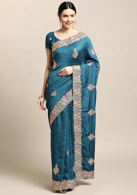 Turquoise Zari Embroidered Art Silk Saree Set