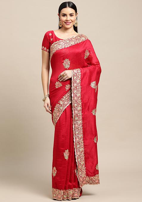 Dark Pink Zari Embroidered Art Silk Saree Set