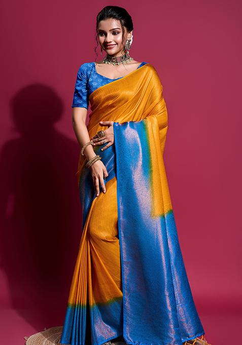 Mustard Zari Woven Silk Saree Set