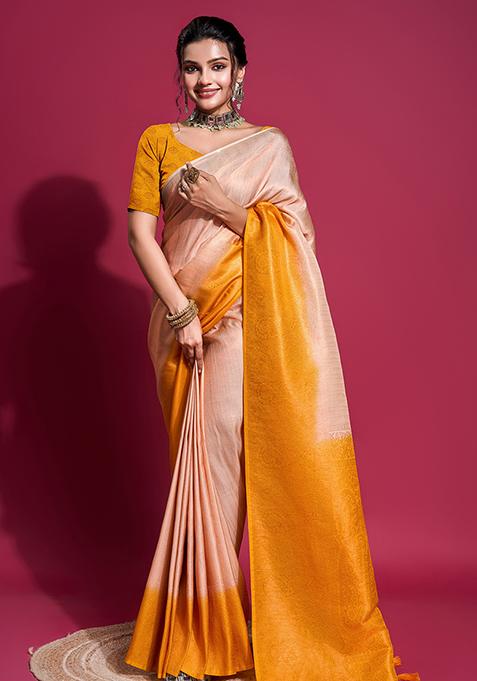 Beige Zari Woven Silk Saree Set