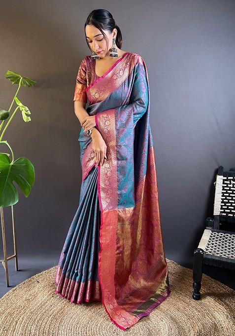 Blue Zari Woven Silk Saree Set