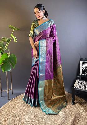 Purple Zari Woven Silk Saree Set
