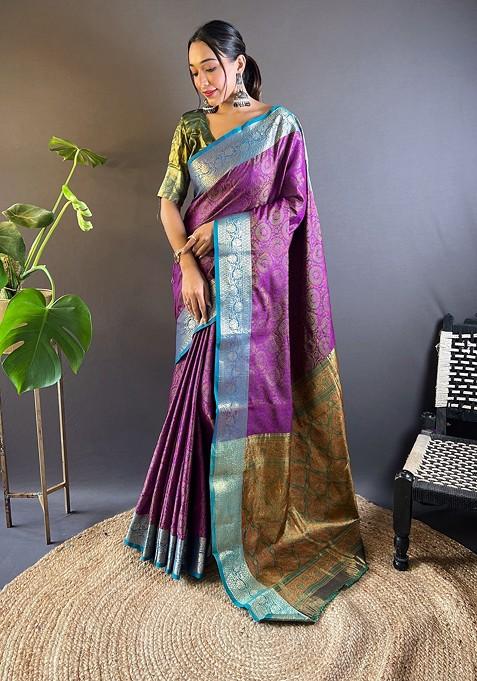 Purple Zari Woven Silk Saree Set