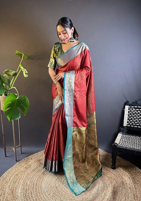 Red Zari Woven Silk Saree Set