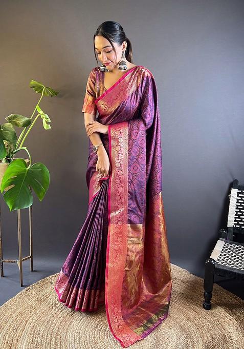 Violet Zari Woven Silk Saree Set