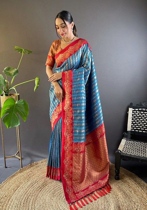 Blue Zari Woven Art Silk Saree Set