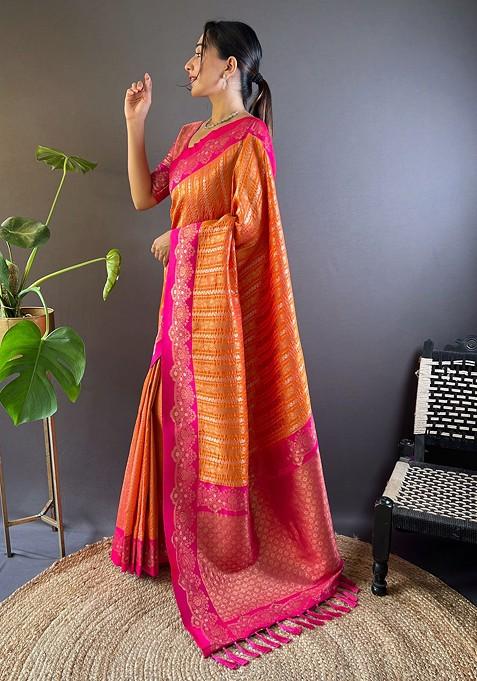 Orange Zari Woven Art Silk Saree Set