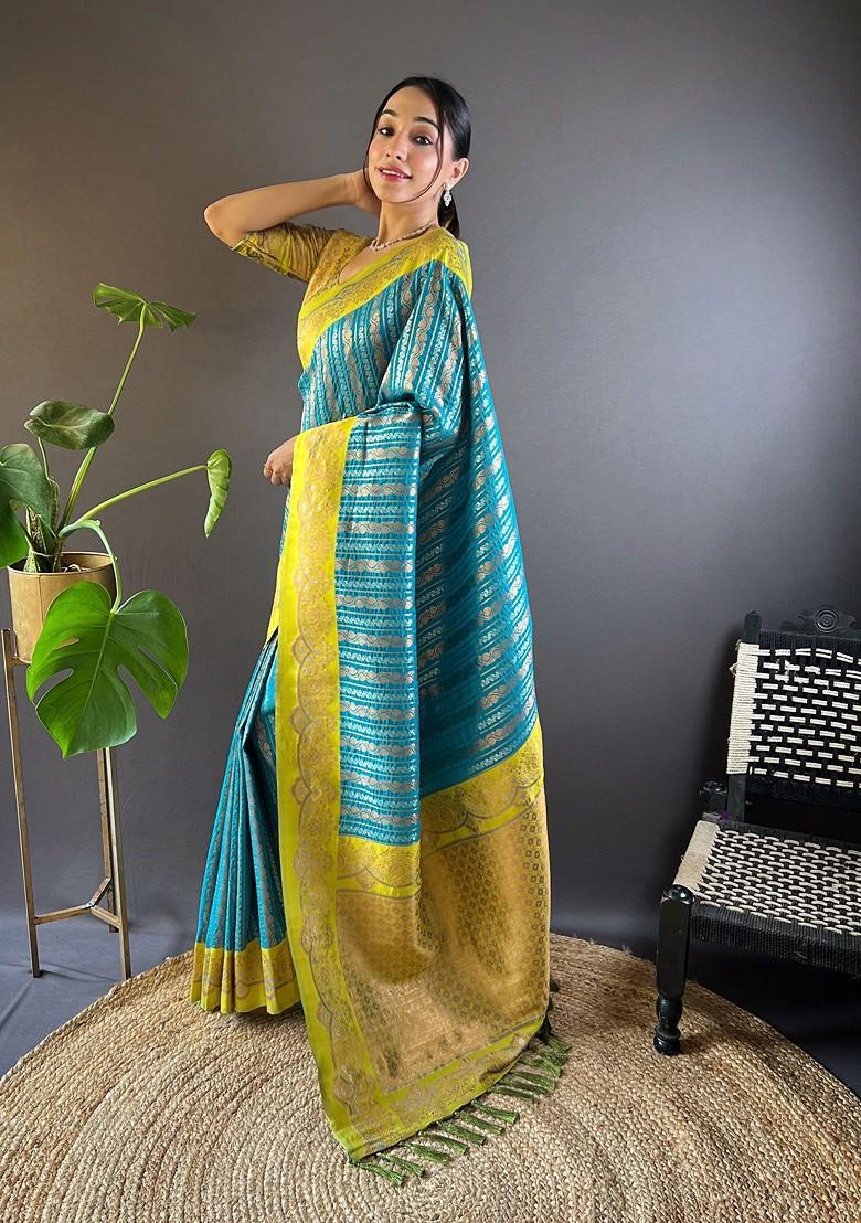 Blue Zari Woven Art Silk Saree Set - Indya