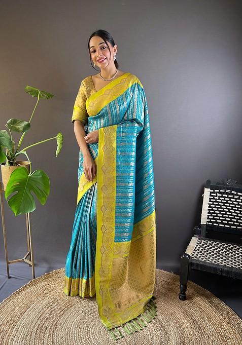 Blue Zari Woven Art Silk Saree Set