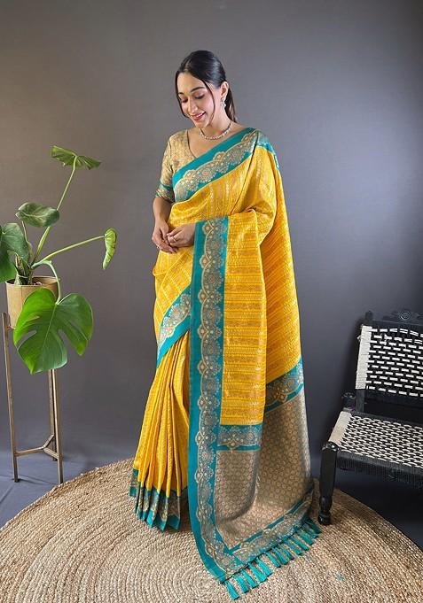 Yellow Zari Woven Art Silk Saree Set