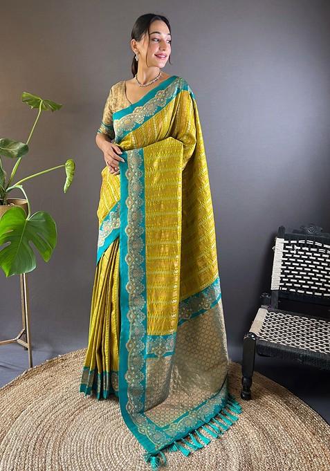 Mustard Zari Woven Art Silk Saree Set