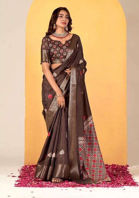 Coffee Brown Abstract Print Art Silk Saree Set