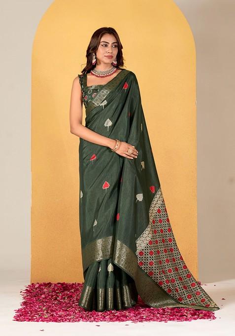 Green Abstract Print Art Silk Saree Set