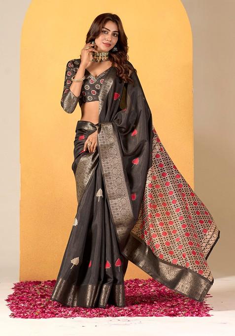 Grey Abstract Print Art Silk Saree Set