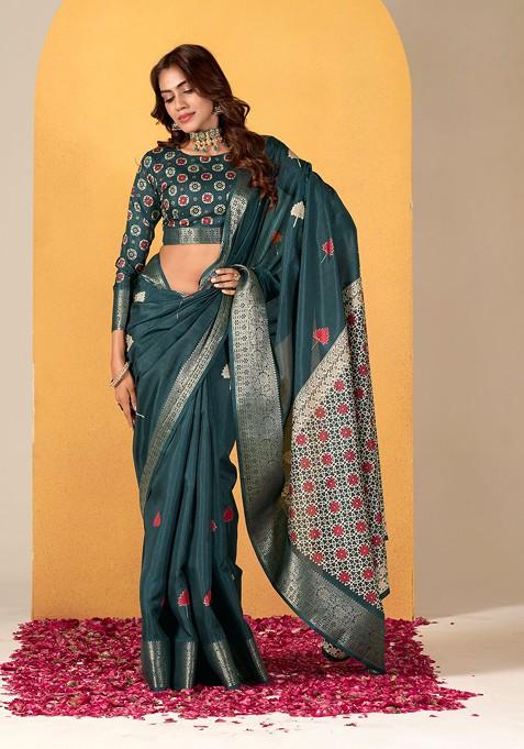 Teal Abstract Print Art Silk Saree Set