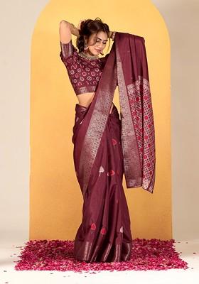 Wine Abstract Print Art Silk Saree Set