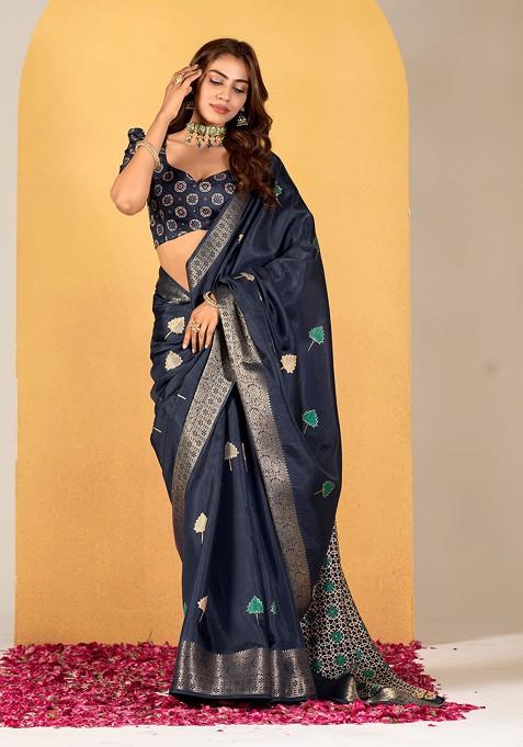 Blue Abstract Print Art Silk Saree Set