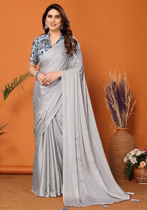 Grey Abstract Print Art Silk Saree Set