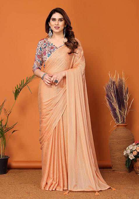 Orange Abstract Print Art Silk Saree Set