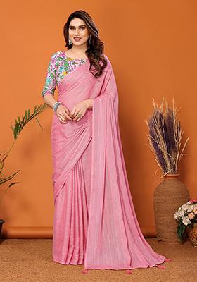 Rose Red Abstract Print Art Silk Saree Set