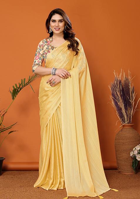 Yellow Abstract Print Art Silk Saree Set