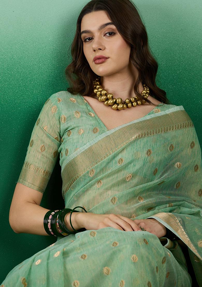 Green Zari Woven Organza Saree Set