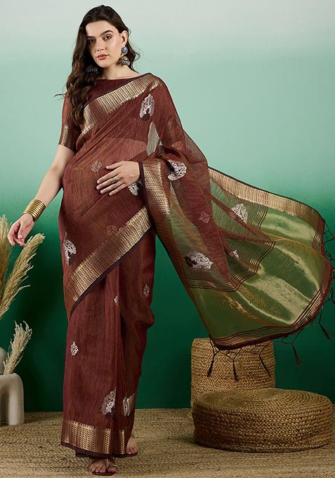 Brown Resham Embroidered Organza Saree Set