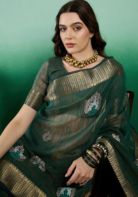 Green Resham Embroidered Organza Saree Set