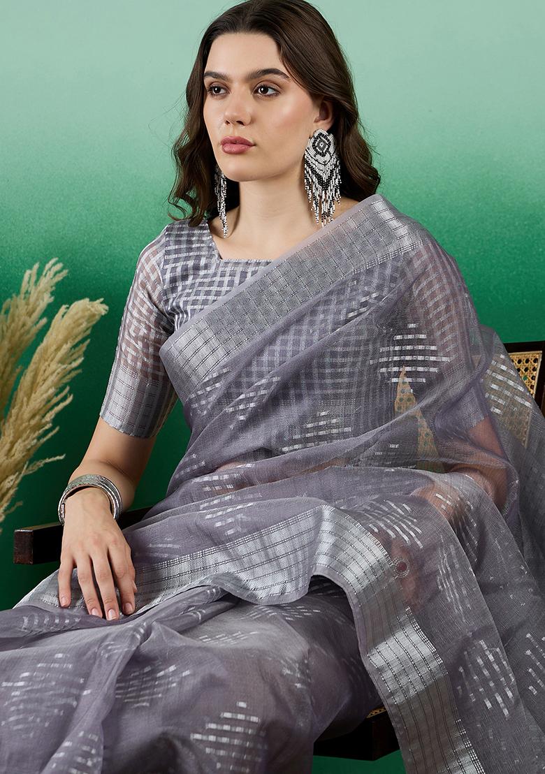 Grey Zari Woven Organza Saree Set