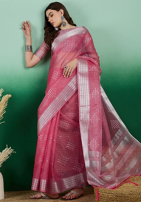 Pink Zari Woven Organza Saree Set