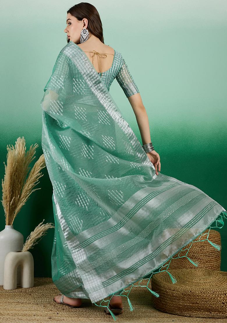 Sea Green Zari Woven Organza Saree Set