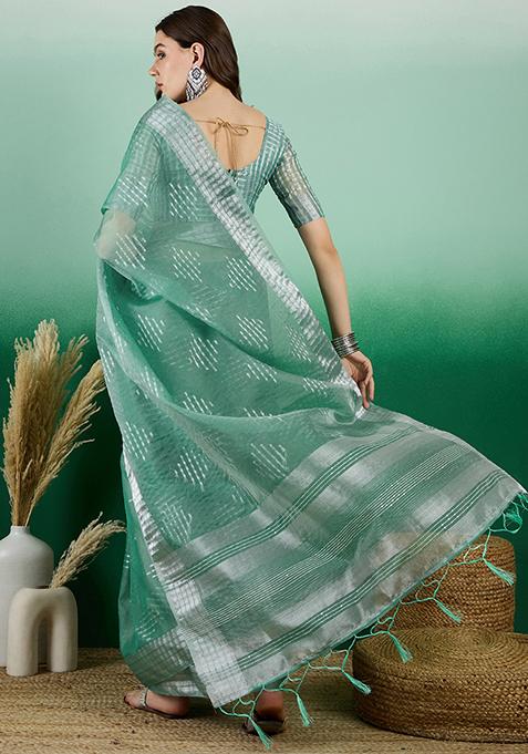 Sea Green Zari Woven Organza Saree Set