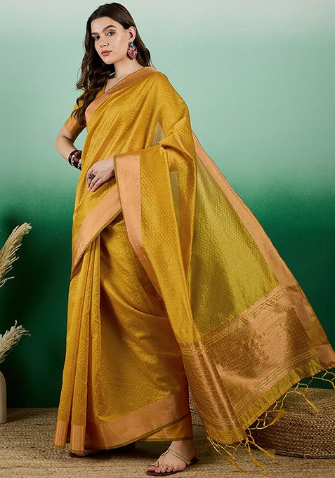 Mustard Zari Woven Organza Saree Set