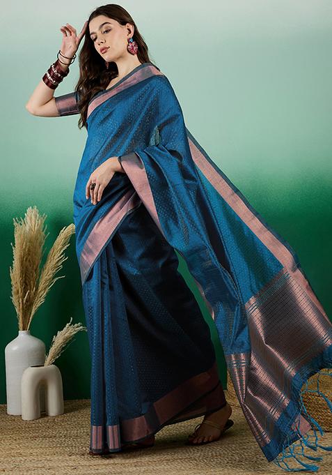 Teal Zari Woven Organza Saree Set