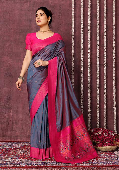 Grey Zari Woven Silk Saree Set