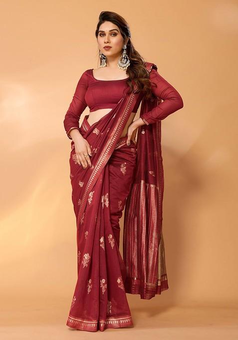 Maroon Resham Woven Chanderi Saree Set