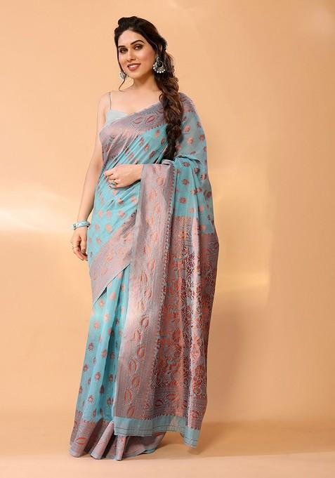 Blue Resham Woven Chanderi Saree Set