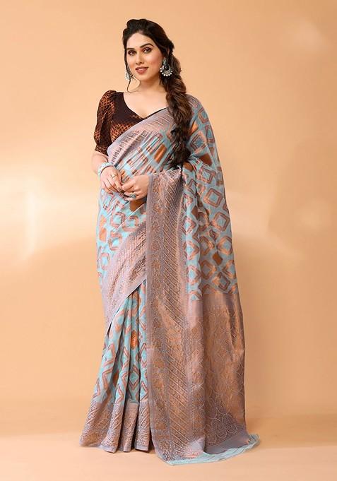 Blue Resham Woven Chanderi Saree Set