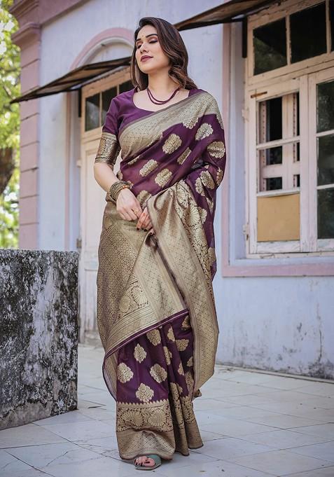 Wine Zari Woven Chanderi Saree Set