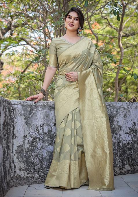 Green Zari Woven Chanderi Saree Set