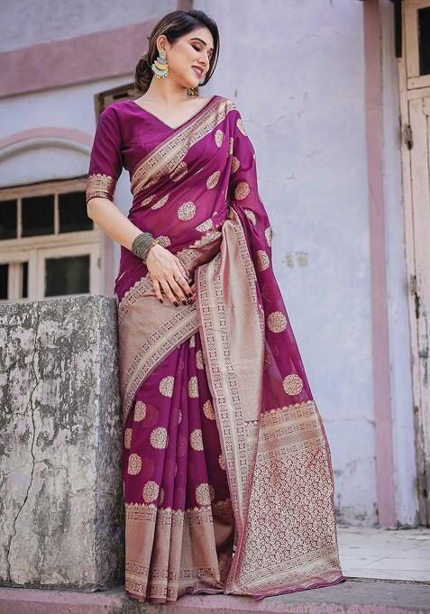 Purple Zari Woven Chanderi Saree Set