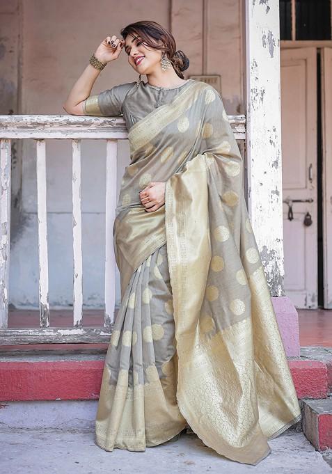 Grey Zari Woven Chanderi Saree Set