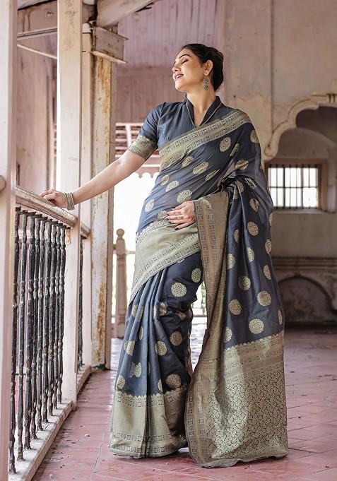 Dark Grey Zari Woven Chanderi Saree Set