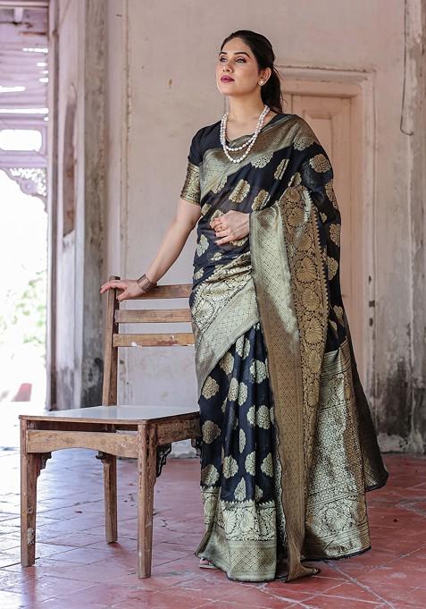 Black Zari Woven Chanderi Saree Set