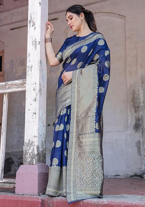 Blue Zari Woven Chanderi Saree Set