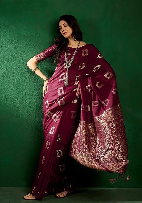 Burgundy Zari Woven Art Silk Saree Set