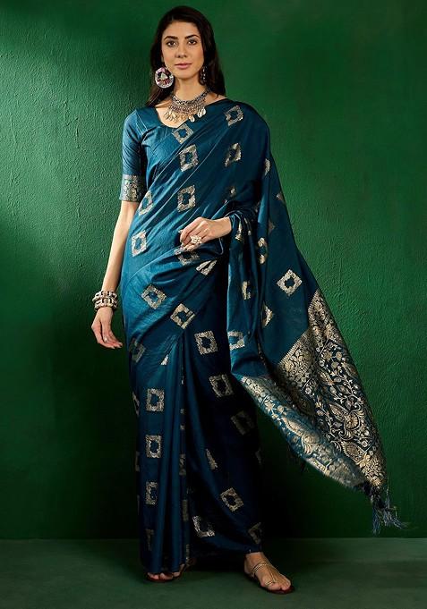 Teal Zari Woven Art Silk Saree Set