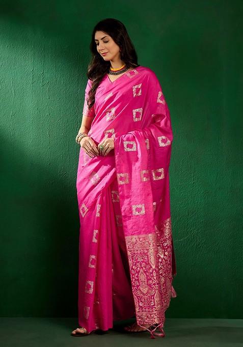 Pink Zari Woven Art Silk Saree Set