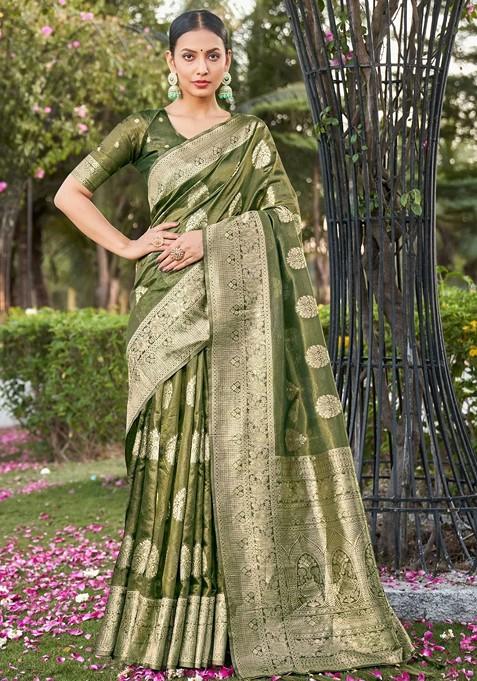 Green Zari Woven Art Silk Saree Set