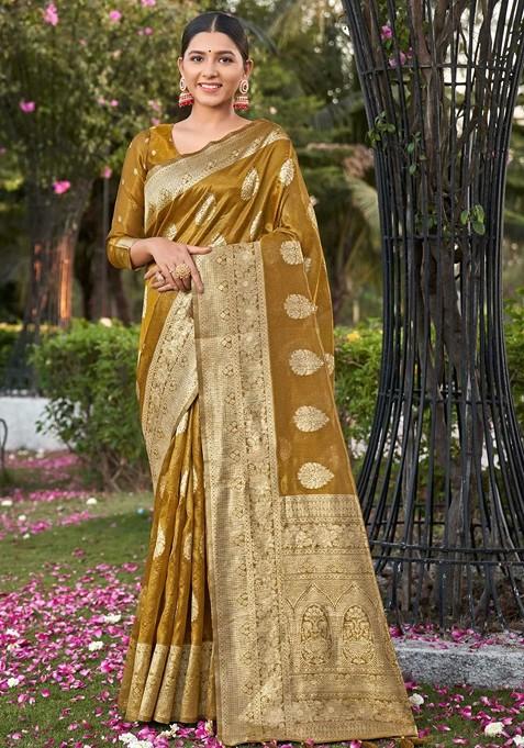 Mustard Zari Woven Art Silk Saree Set